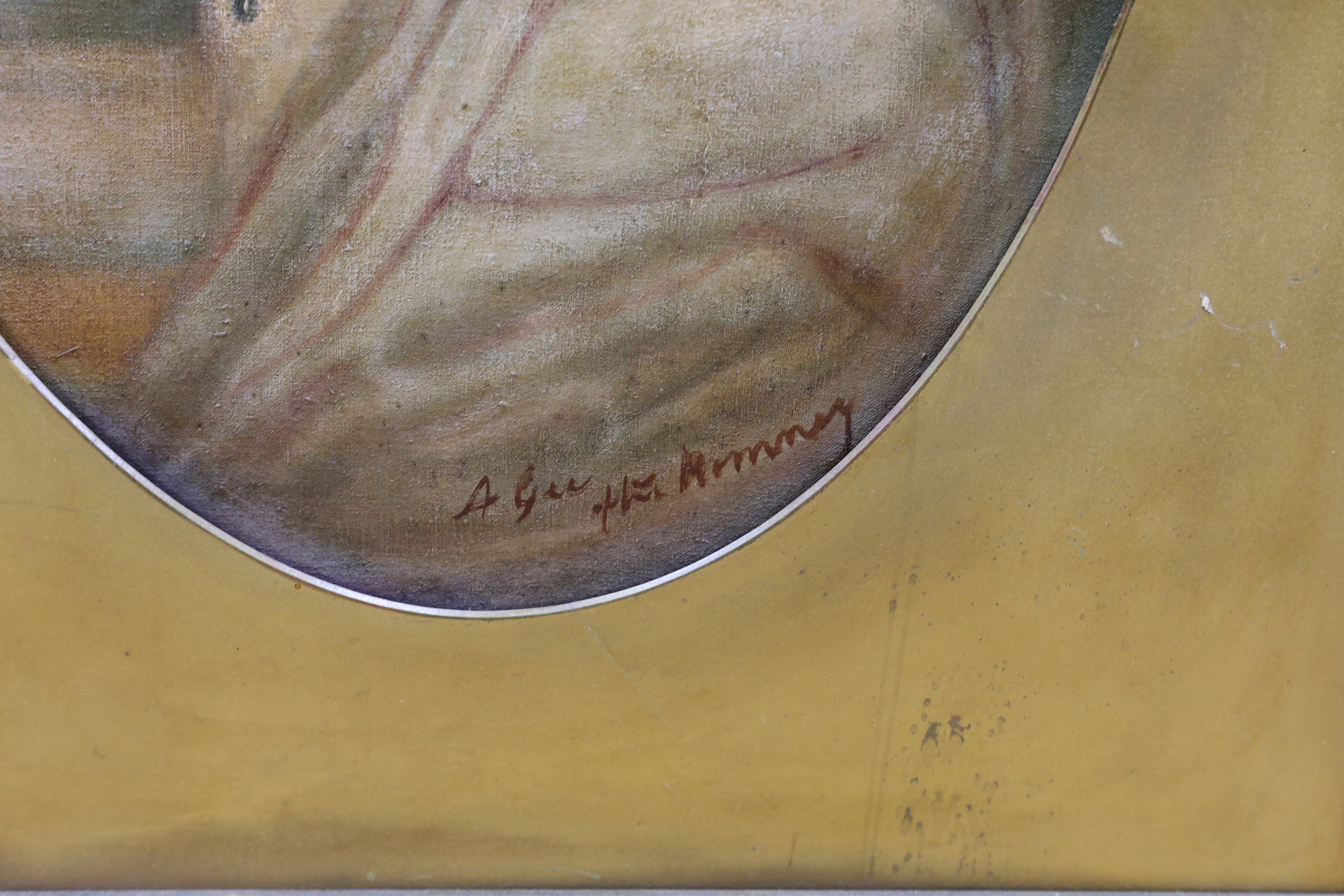 After George Romney (1734-1802), oval oil on canvas, Portrait of Elizabeth Craven, indistinctly inscribed A. Gee, 52 x 33cm